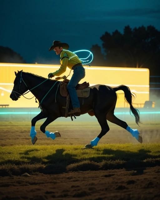 Image with seed 2483699813 generated via Stable Diffusion through @stablehorde@sigmoid.social. Prompt: old vhs footage of A vibrant scene of a cowboy outlined in glowing LED lights, wielding a neon blue rope, as he chases a cow glowing in greens and yellows, mid-gallop to escape, the ranch in the background also outlined in colorful LEDs, set at dusk, creating a surreal neon Western atmosphere, ultra-detailed, with lights reflecting off the dusty ground, distortion, glitch