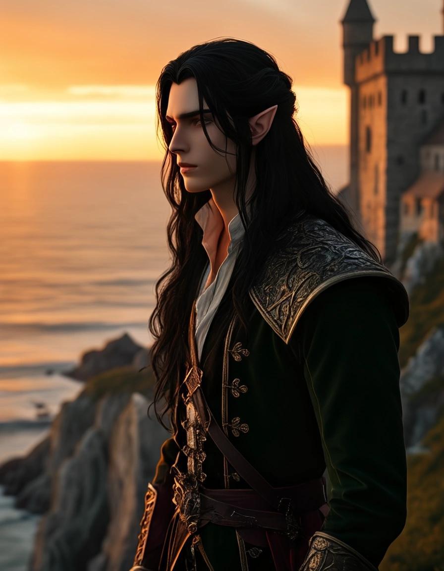 Image with seed 831401882 generated via Stable Diffusion through @stablehorde@sigmoid.social. Prompt: A very handsome Elf Prince with long black hair and pale skin standing on the walls of a castle overlooking the sea at sunset 