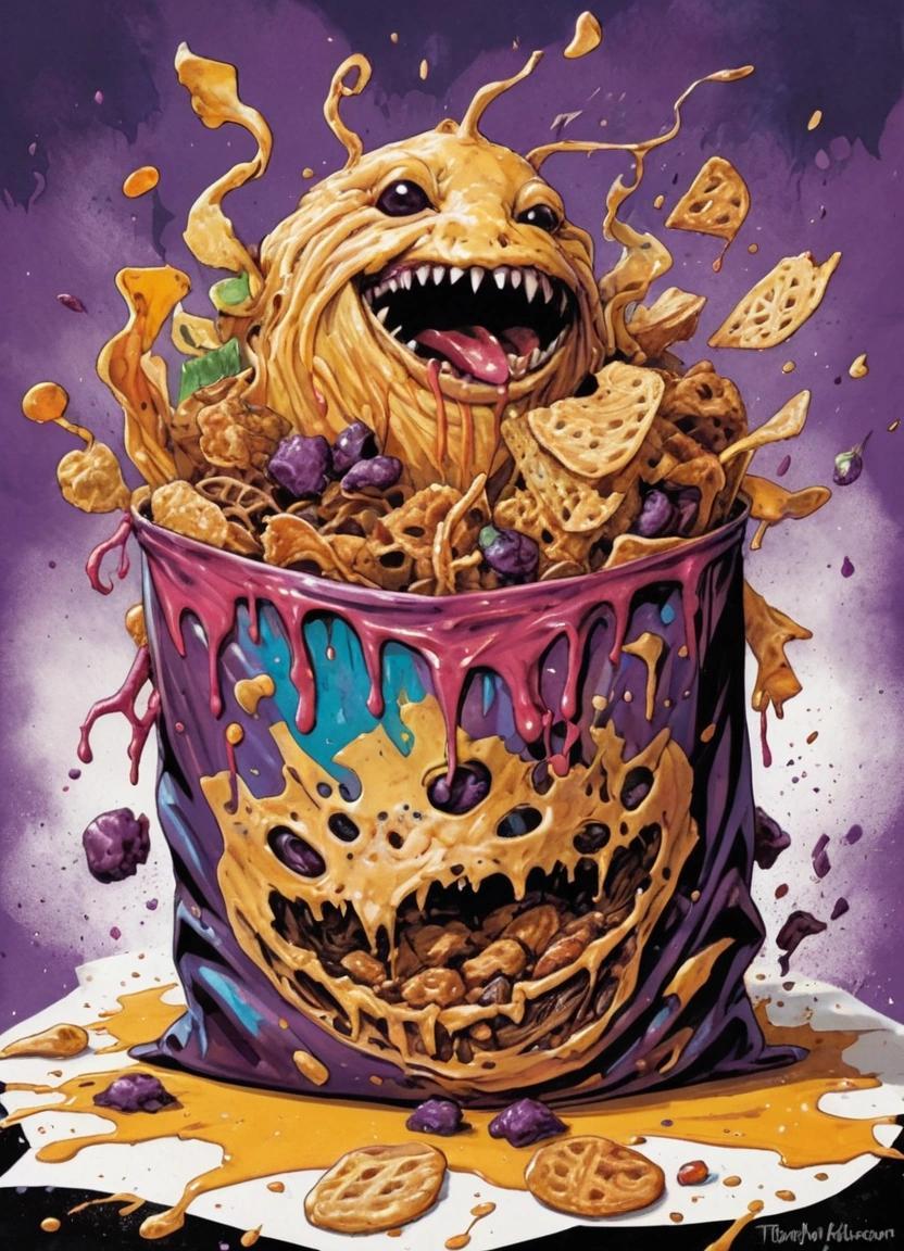 Image with seed 3483436160 generated via Stable Diffusion through @stablehorde@sigmoid.social. Prompt: A mtg magic the gathering card, painting of fantasy creature. description, Bold, ink-heavy illustration of various snacks spilling out of an open paper bag. The snacks include crinkled potato chips, a sandwich, and candy bars, with thick, flowing lines and exaggerated shadows. Drips of ink create texture, as if the snacks are freshly drawn from the paper, blending into the background. The scene feels lively and dynamic, with playful splatters of ink representing crumbs. Heavy, bold shading adds depth to the snacks., mtg magic the gathering style###, lowres, cropped, cgi, pixelated, photorealistic, 3d render