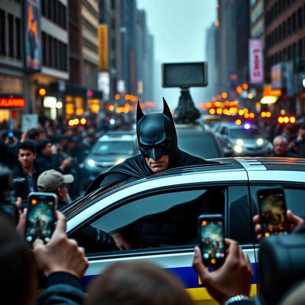 Image with seed 617817788 generated via Stable Diffusion through @stablehorde@sigmoid.social. Prompt: Press photo of Batman sitting in the back of a Gotham police car, looking annoyed. The shot is taken from outside the car, showing his frustrated expression through the slightly open window. A crowd of journalists and onlookers with smartphones surrounds the vehicle, while TV cameras capture the moment. The chaotic Gotham street serves as a backdrop, filled with police barricades and flashing lights, creating a tense atmosphere. 8k resolution