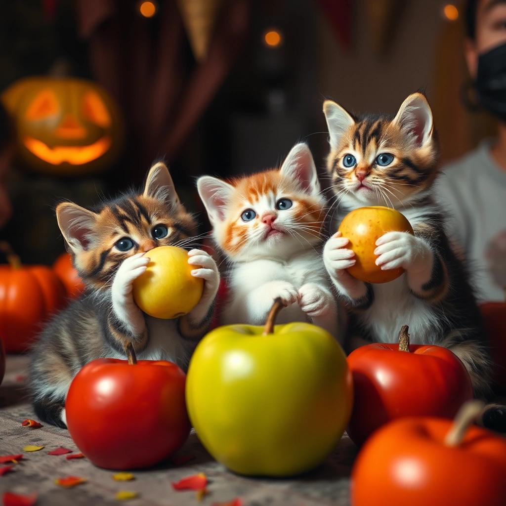 flux: kittens bobbing for apples at a Halloween party