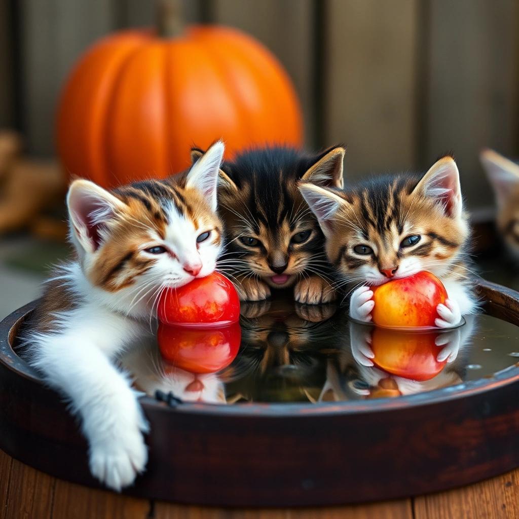 flux: kittens leaning over a barrel of water, kittens biting at apples floating on the surface of the water, kittens celebrating Halloween, kittens catching apples in their mouths