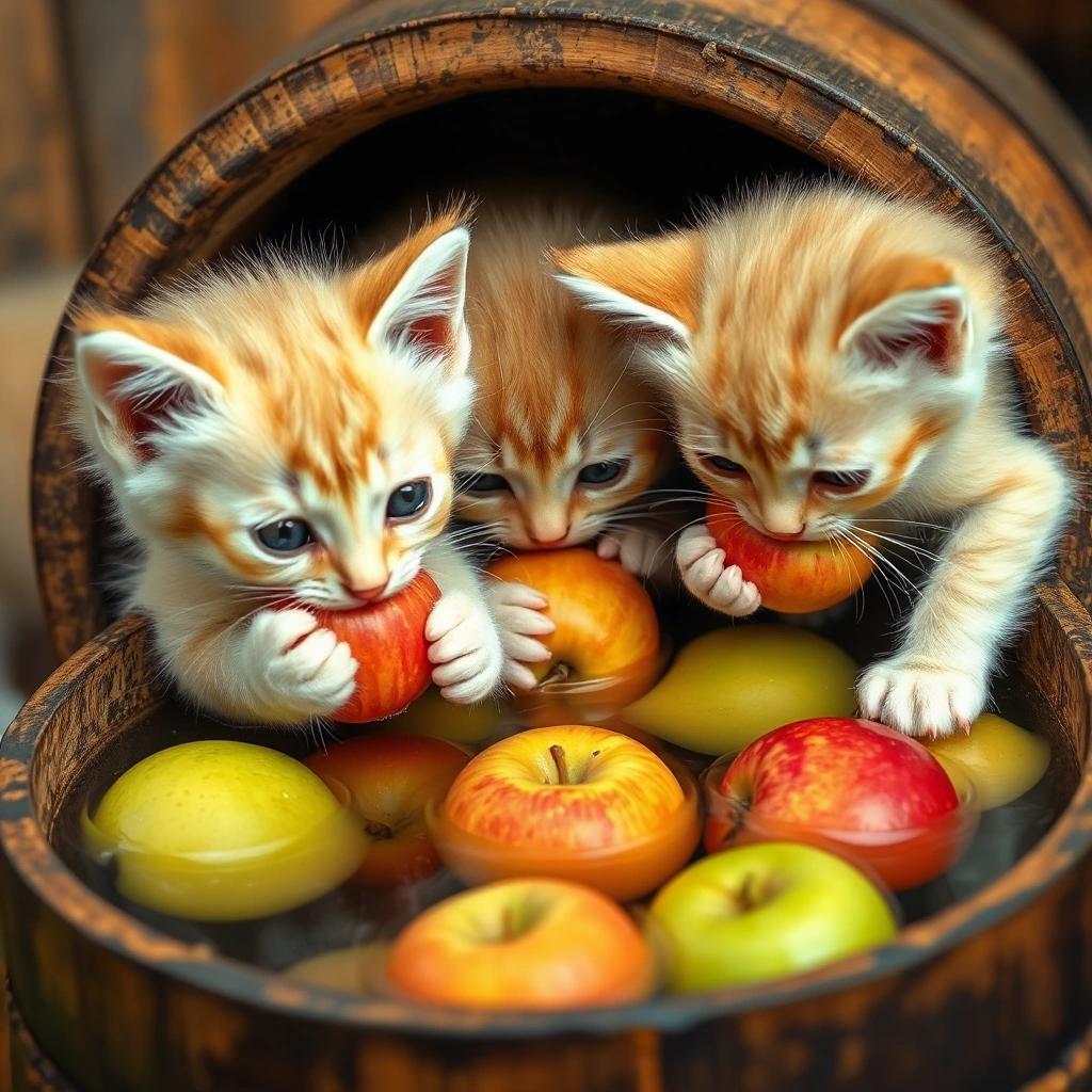 flux: kittens gripping apples in kittens' teeth, kittens peering into a barrel of water, kittens fetching apples from the barrel of water