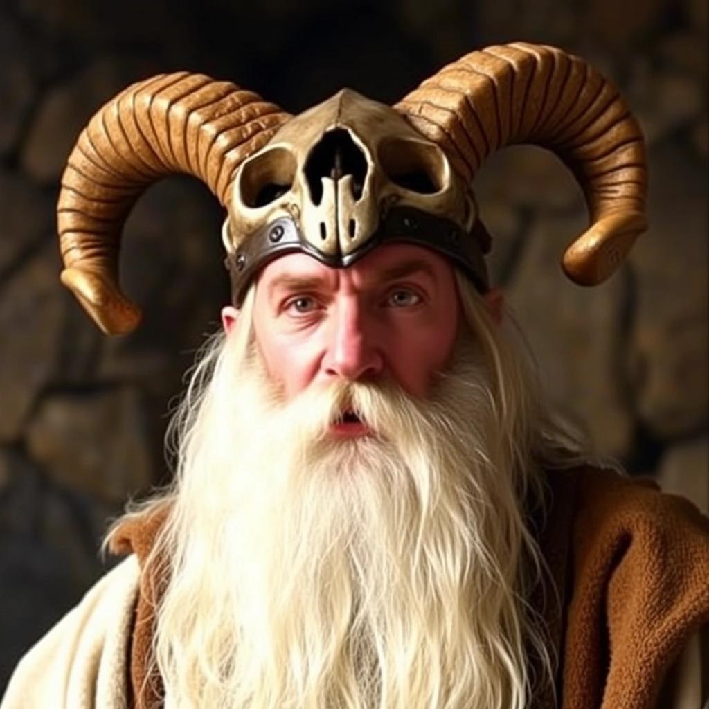 flux: Tim the Enchanter from Monty Python and the Holy Grail, long white goatee, wearing a skullcap with ram's horns