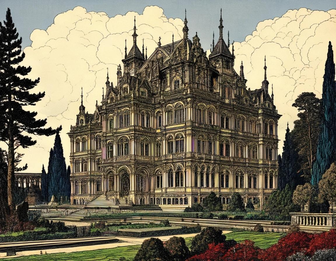 cascade-landscape: High Elven Royal Palace seen from the garden, many windows, landscaped garden, trees, swirling clouds, style by Ivan Bilibin, by Giovanni Battista Piranesi, by Robert Hubert, by Har