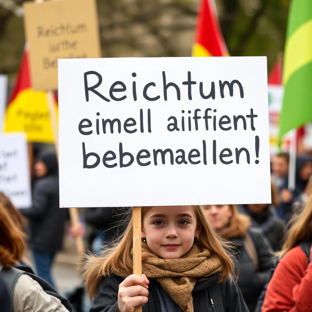 flux: a girl at a protest march holding a sign that says, "Reichtum endlich wirksam bekämpfen!"