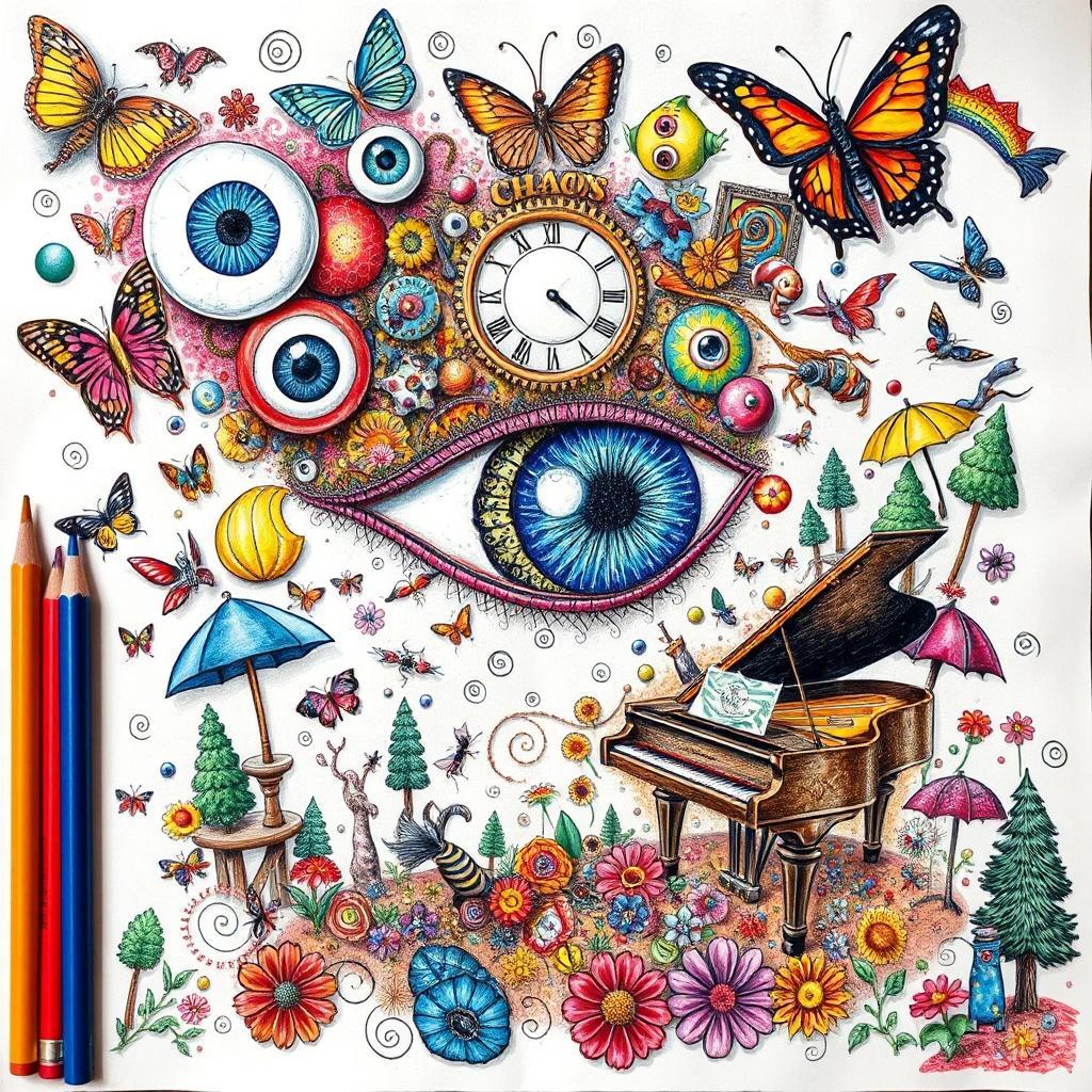 flux: The Eye of Chaos might be watching right now, surrealism, dada, train of thought drawing, cluttered, insane, eyeballs, butterflies, a grand piano, the sun clock, fish, bats, ants, trees, umbrell