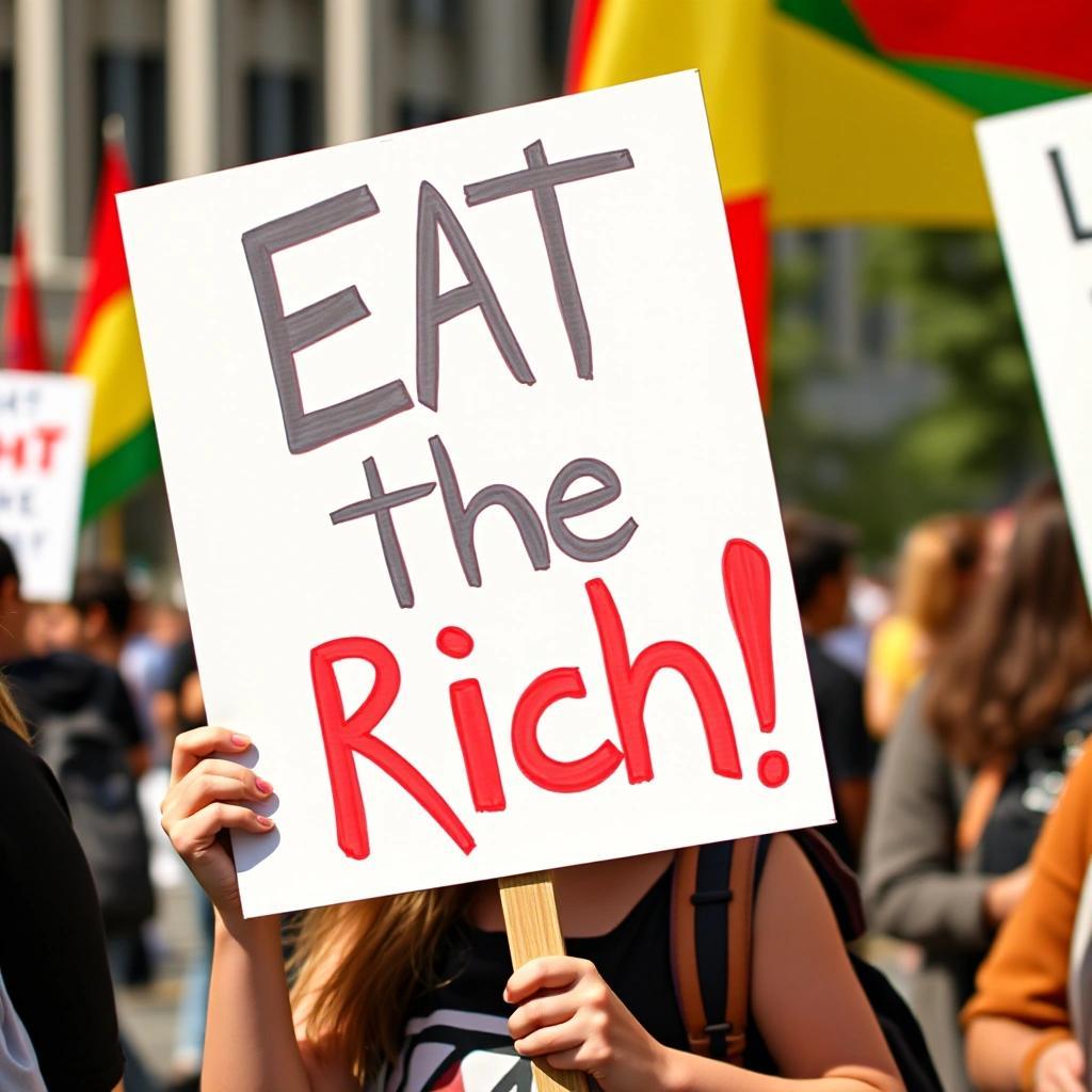 Image with seed 2865321140 generated via Stable Diffusion through @stablehorde@sigmoid.social. Prompt: a girl at a radical leftist protest march holding a sign that says, "Eat the Rich!"