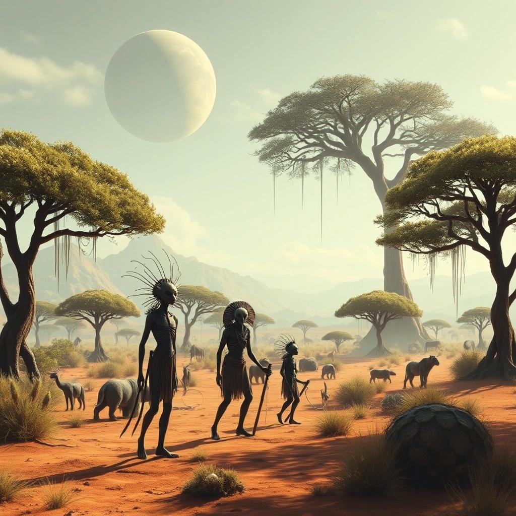 flux: primitive humanoid alien tribe in an alien savannah landscape on an alien planet filled with strange alien trees and strange alien animals