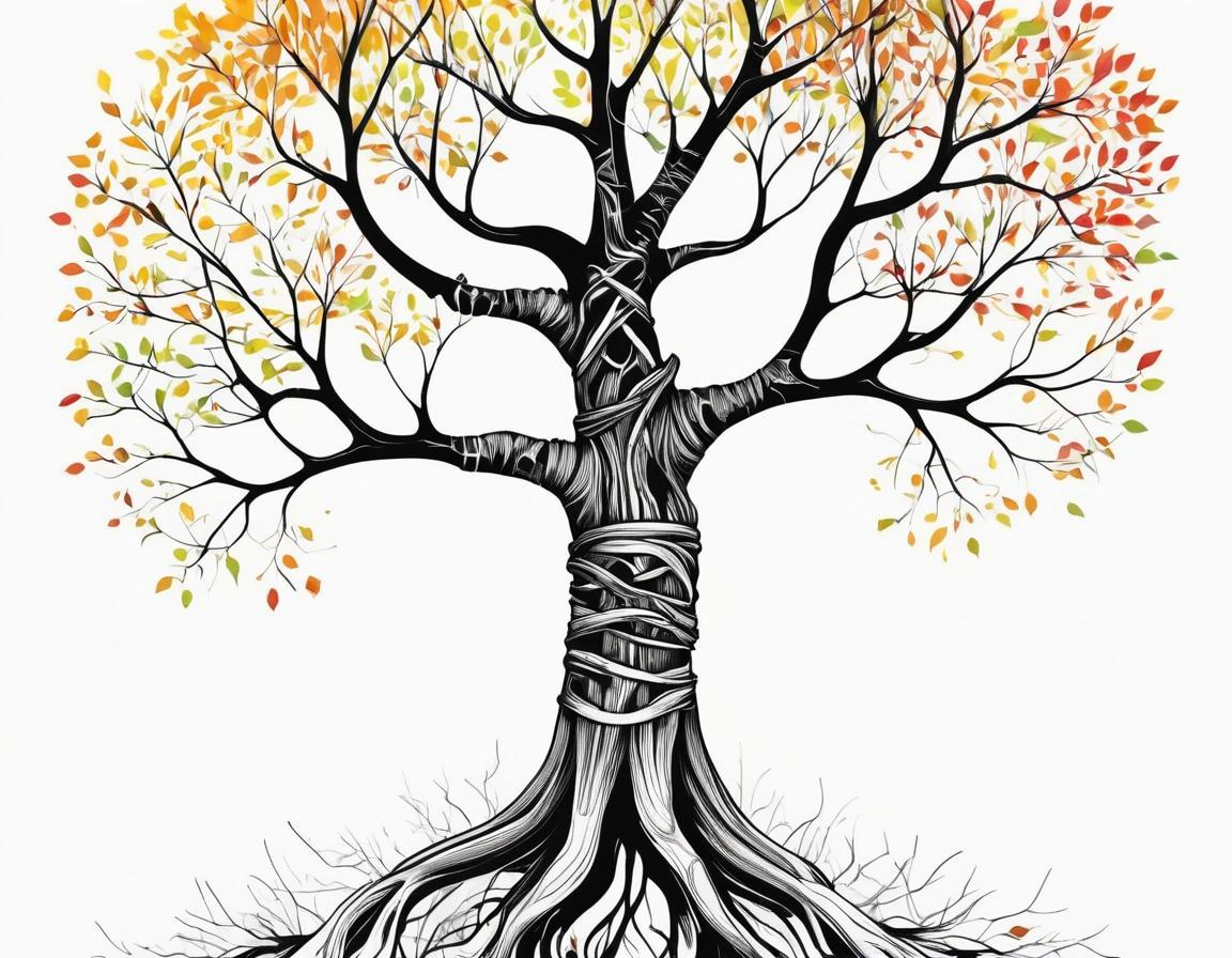 lineart: An ink drawing titled "Spine of Life," where a human spine transitions into the trunk of a tree. The vertebrae become branches, forming a vibrant canopy, while the roots connect to nature and