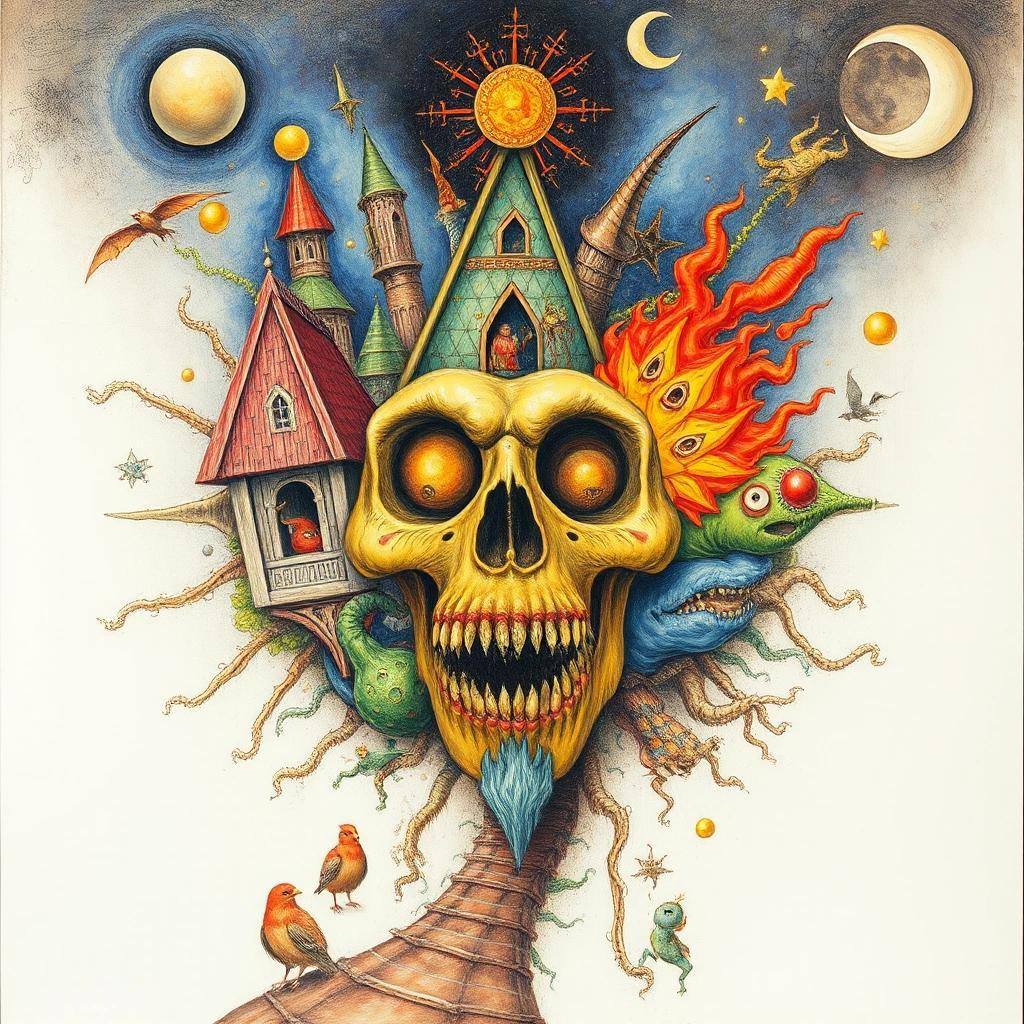 flux: I am Chaos, and I am alive, and I tell you that you are absolutely free. extremely detailed fantasy high detail colourful Jacek Yerka pencil sketch SALVADOR DALI Surrealism Hieronymus Bosch Weir