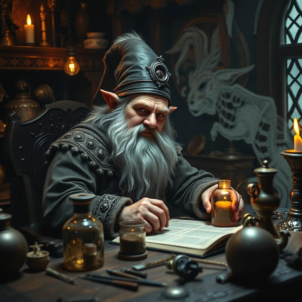 flux: a Dwarven alchemist sitting at his table, alchemist materials and equipment in the style of baroque and Rembrandt, Rembrandt lighting, interesting dramatic pose, highly detailed hyper-realistic