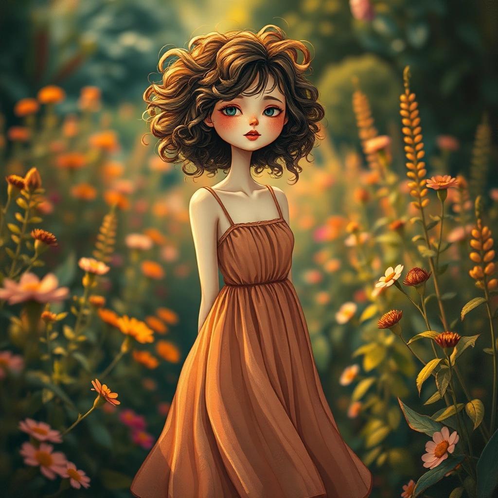 flux: A whimsical woman with curly, tousled hair, wearing a flowing sundress, stands in a lush, vibrant garden. The atmosphere is dreamy and surreal, with soft focus and warm, golden lighting. Inspire