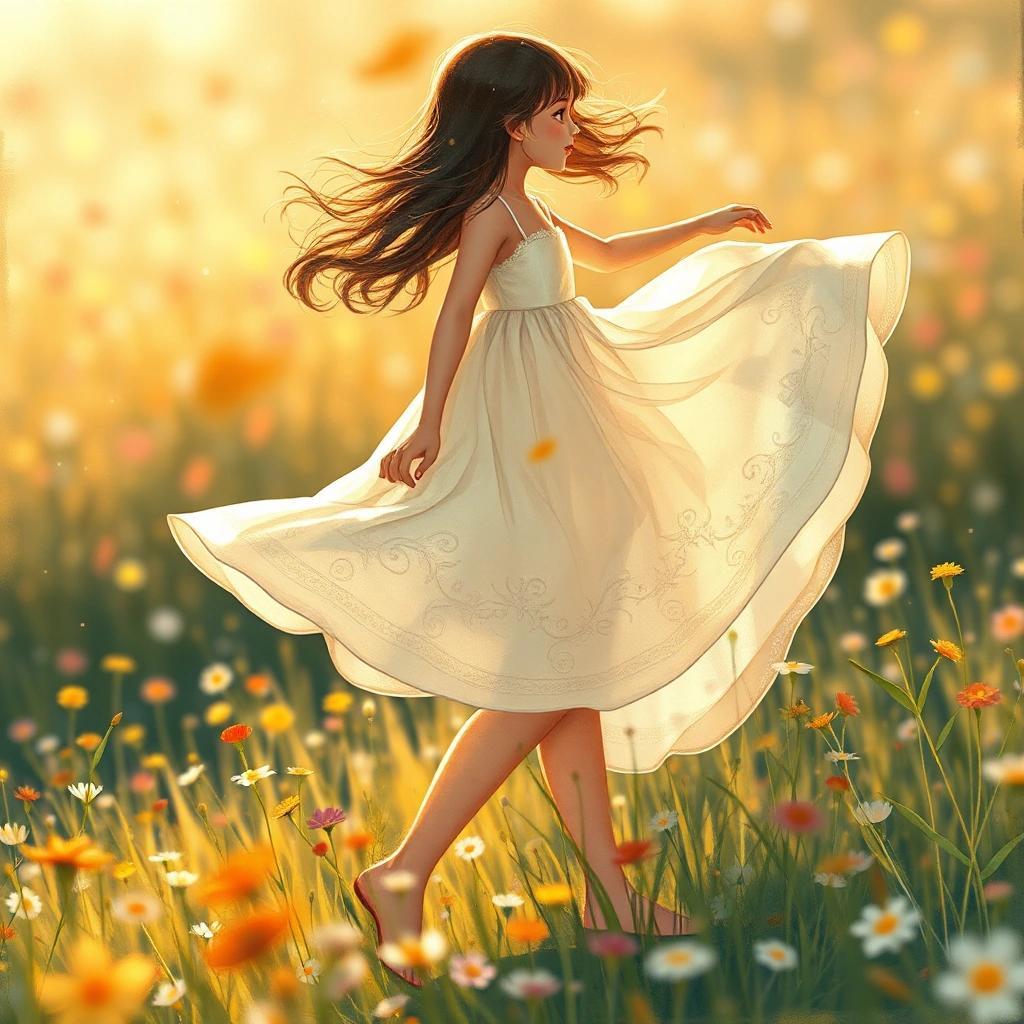 flux: Whimsical Illustration. Medium shot. A young woman in a flowing sundress spinning around in a field of wildflowers. Close up. Inspired by the style of artists like Hayao Miyazaki and Emily Hughe