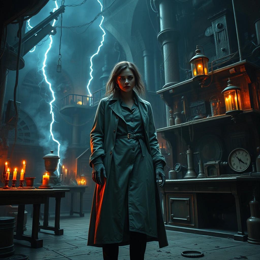 flux: Female Mad Scientist standing in Frankenstein's scary laboratory, dark foreboding, dusty, cobwebs, stormy night, lightning outside, large multilevel dungeon lit by candles, light from electrosta