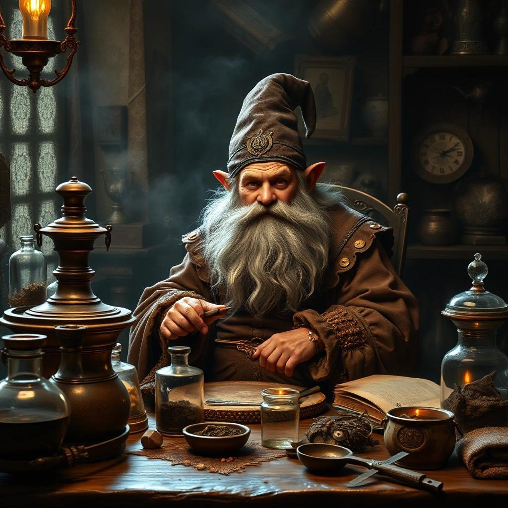 flux:  a Dwarven alchemist sitting at his table, alchemist materials and equipment in the style of baroque and Rembrandt, Rembrandt lighting, interesting dramatic pose, highly detailed hyper-realistic