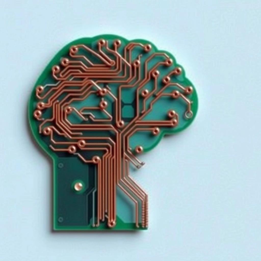 flux: A printed circuit board with copper leads that are shaped in the outline of a brain in a human head