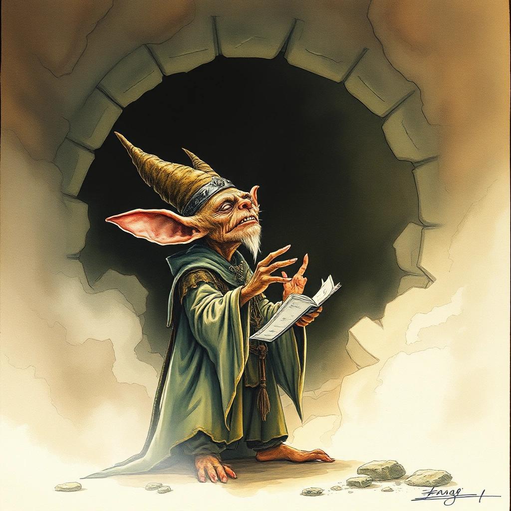 flux: A goblin priest sings an ancient prayer to a very old god long forgotten by humans, Jean-Baptiste Monge style, surreal, a masterpiece, razor-sharp focus, dynamic lighting, watercolor and ink