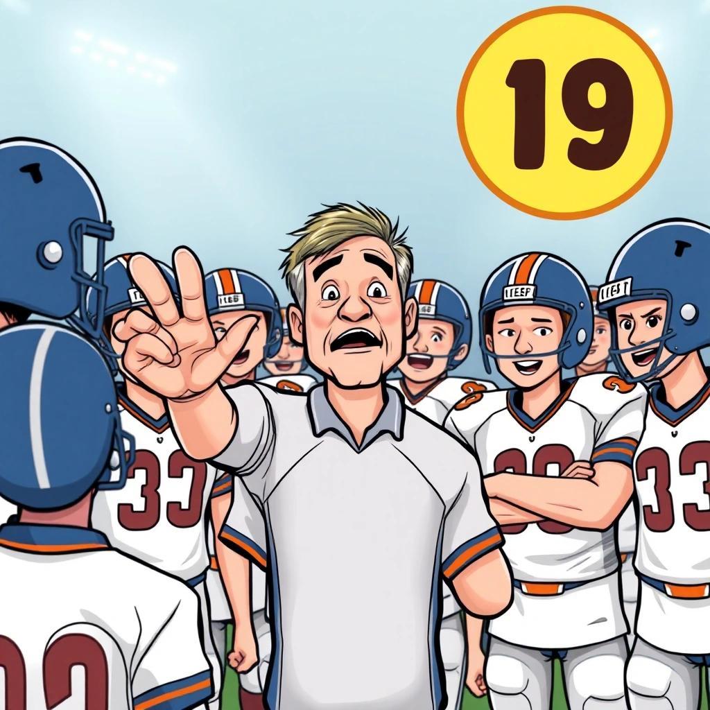 Image with seed 936089485 generated via Stable Diffusion through @stablehorde@sigmoid.social. Prompt: a picture of a middle age man inspiring a team of teenage football players.All the football players should have 11 fingers, unless they have 9.Use a cartoon style.