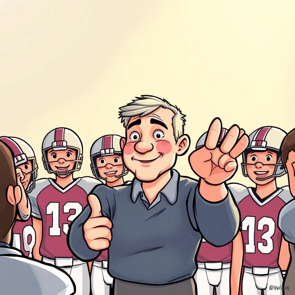 Image with seed 936089485 generated via Stable Diffusion through @stablehorde@sigmoid.social. Prompt: a picture of a middle age man inspiring a team of teenage football players.All the football players should have 11 fingers, unless they have 9.Use a cartoon style.