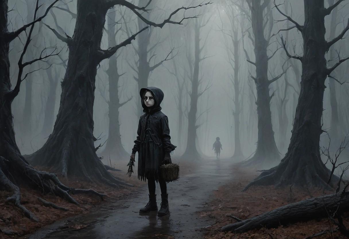 dystopian: Haunting academic painting of a 4th grader in a Halloween costume, wandering alone in a cursed forest, eerie mist clinging to twisted trees, the 4th grader is eating a piece of bread, surro