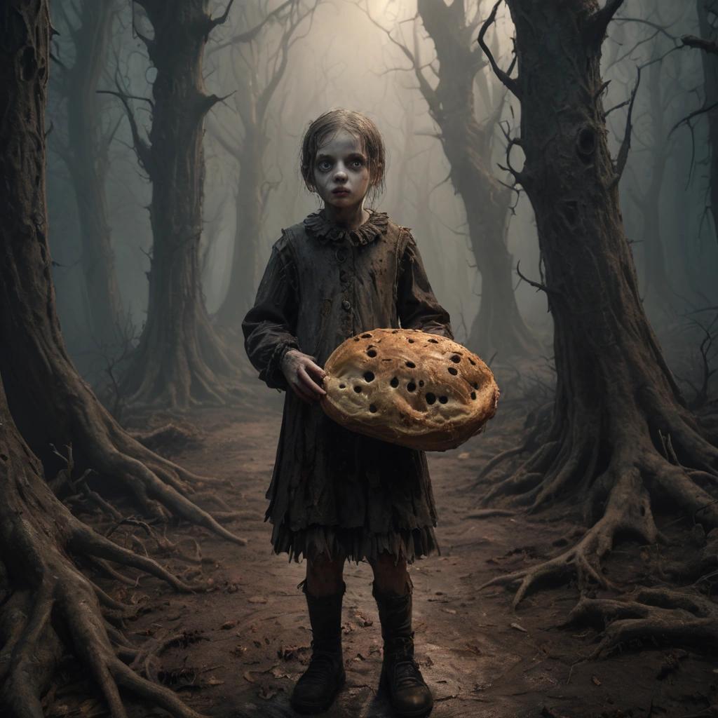 sdxlhorror: Academic painting of a 4th grader in a Halloween costume, wandering through a cursed forest, eerie atmosphere with twisted trees, the child holding a loaf of bread, soft shadows and muted