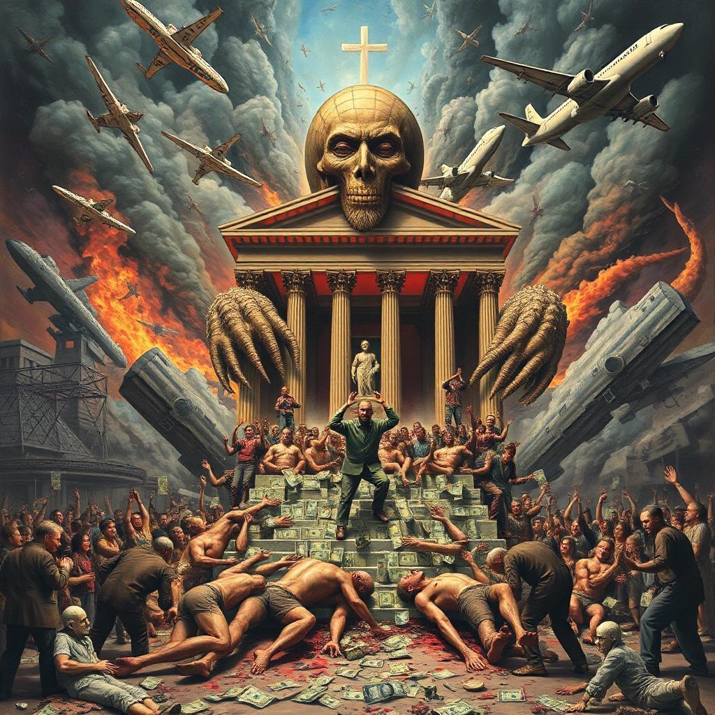 flux: Human sacrifices on the altar of the banking monster. Anticapitalism, money, banks, workers, airplanes, destruction, madness, machines, brutal, weird, dystopian, nightmare, unsettling, disturbin