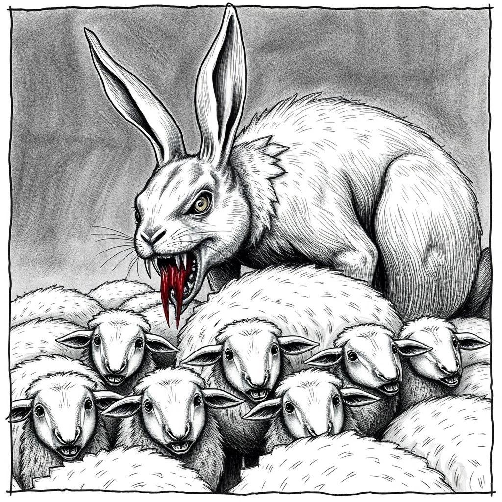 Image with seed 2996005986 generated via Stable Diffusion through @stablehorde@sigmoid.social. Prompt: a black and white sketch of a n enormous rabbit with fangs and blood around it's mouth lurking on a flock of sheep ready to attack