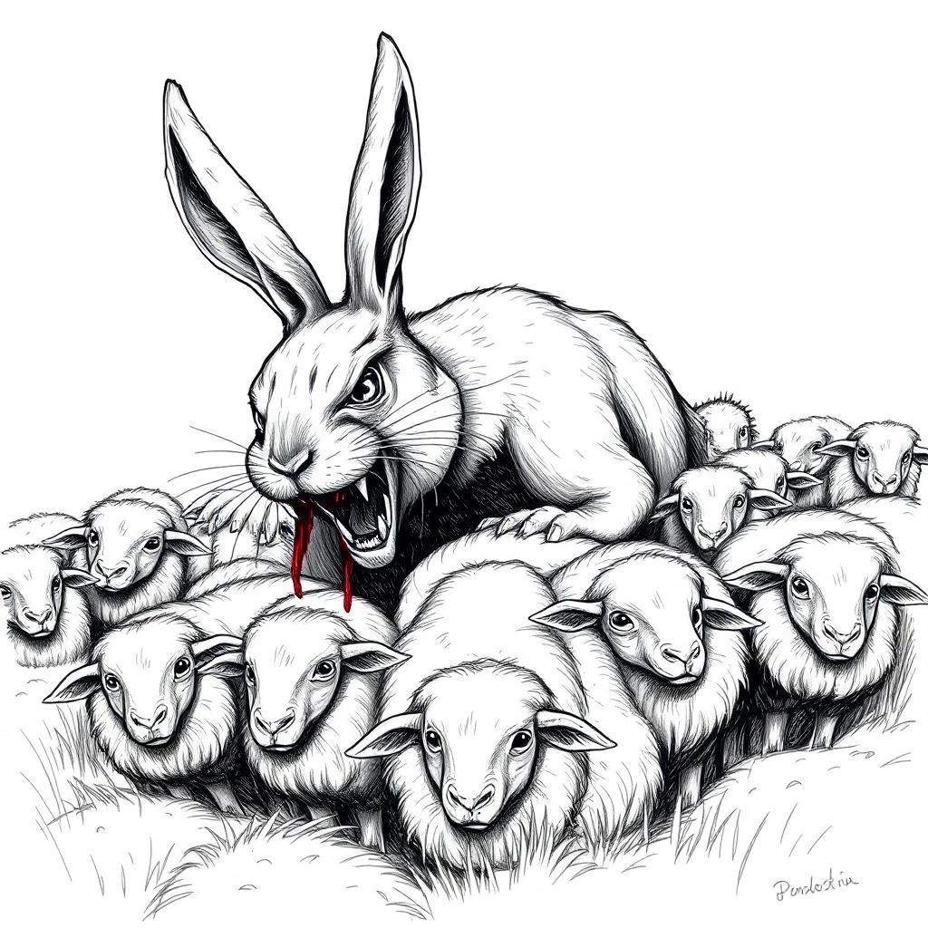 Image with seed 2996005986 generated via Stable Diffusion through @stablehorde@sigmoid.social. Prompt: a black and white sketch of a n enormous rabbit with fangs and blood around it's mouth lurking on a flock of sheep ready to attack