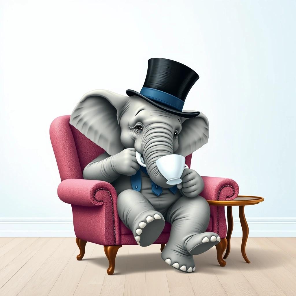 Image with seed 529367139 generated via Stable Diffusion through @stablehorde@sigmoid.social. Prompt: a picture of an elephant in a top hat sitting down in an armchair and drinking tea. The background should be an empty room in i baby blue nuance