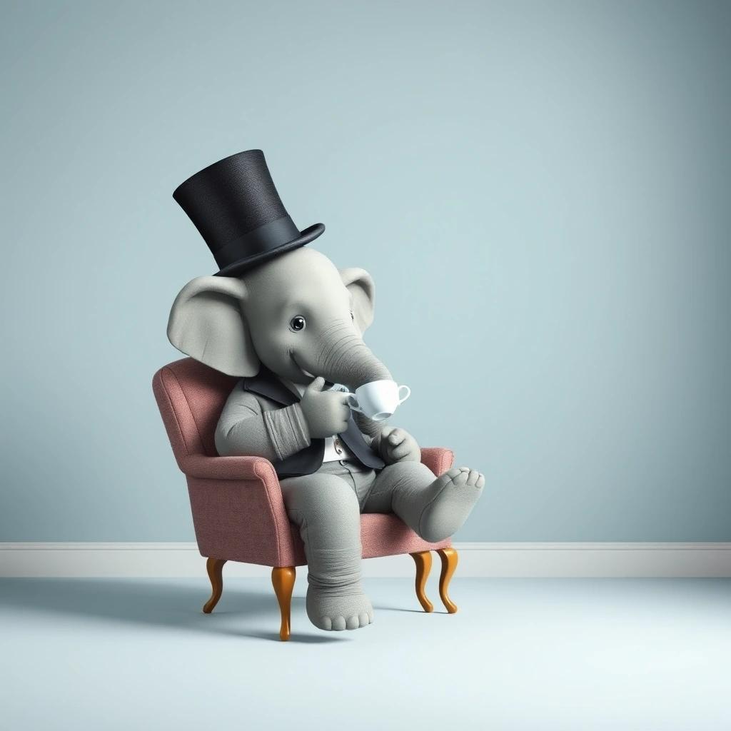 Image with seed 268006897 generated via Stable Diffusion through @stablehorde@sigmoid.social. Prompt: a picture of an elephant in a top hat sitting down in an armchair and drinking tea. The background should be an empty room in i baby blue nuance