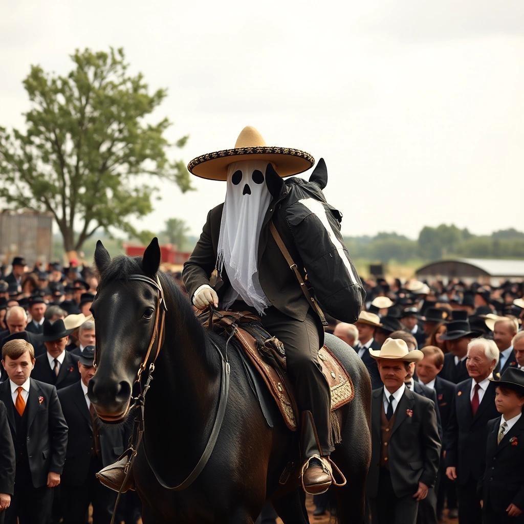 Image with seed 762373329 generated via Stable Diffusion through @stablehorde@sigmoid.social. Prompt: a photograph of a ghost in a suite and a sombrero on a black horse within a crowd of small children in suits at a farm