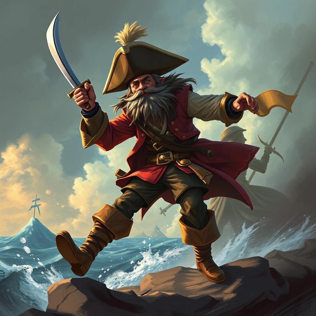 Image with seed 4186508472 generated via Stable Diffusion through @stablehorde@sigmoid.social. Prompt: the one legged pirate captain Kennit fighting rival pirates off with his saber and pegleg