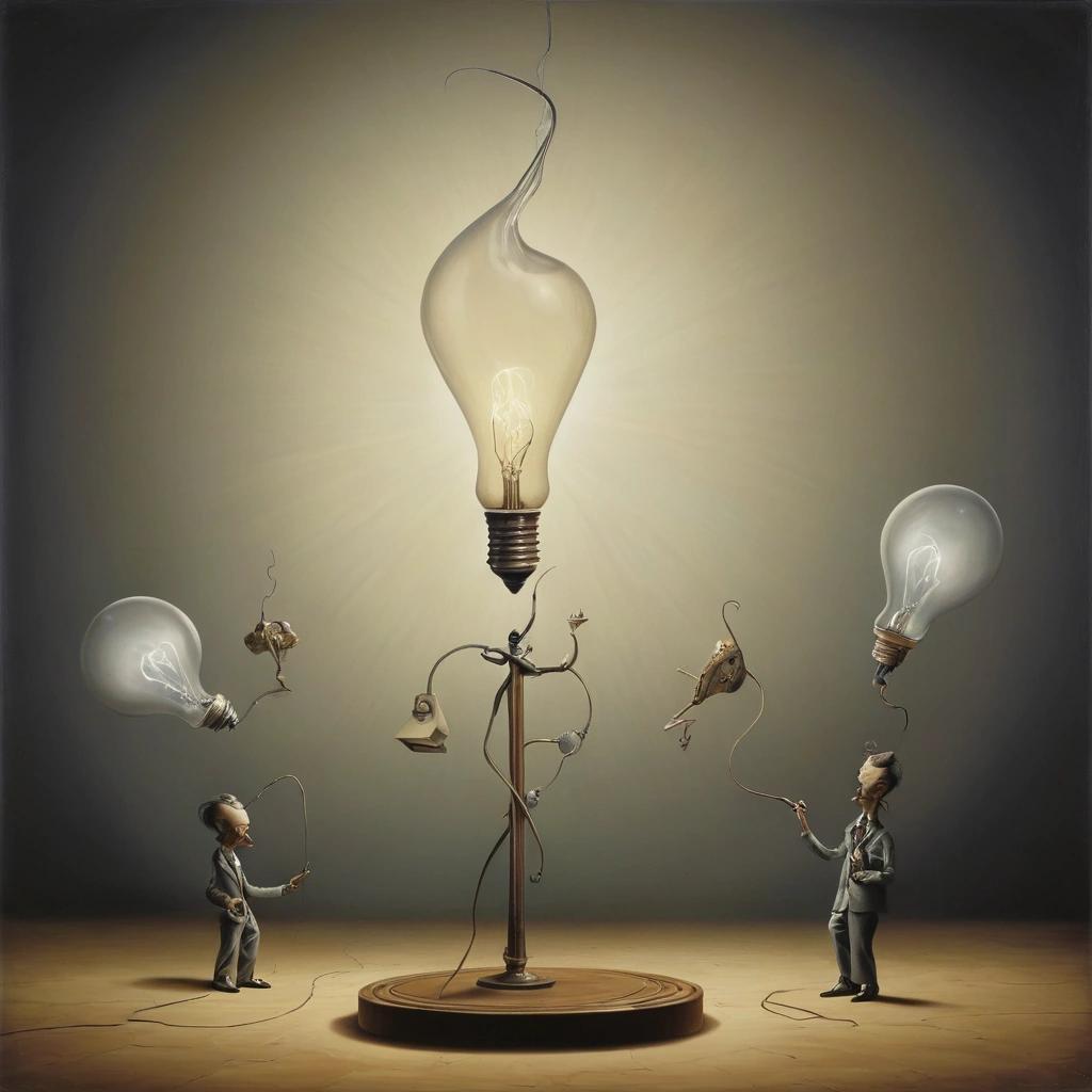 Image with seed 2139133542 generated via Stable Diffusion through @stablehorde@sigmoid.social. Prompt: Q: How many quantum physicists does it take to change a lightbulb? A: One. Two to do it, and one to renormalise the wave function.surrealism, #elektrodada , Salvador Dali, Max Ernst, Yves Tanguy, shaun tan, Rene Magritte 