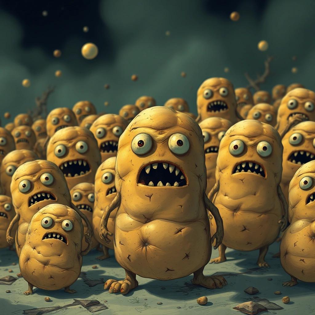 Image with seed 940138828 generated via Stable Diffusion through @stablehorde@sigmoid.social. Prompt: a horde of potato monsters 