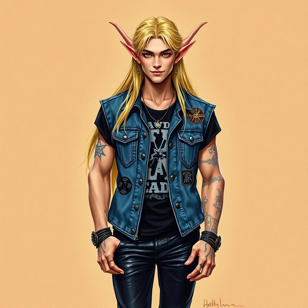 Image with seed 4054839698 generated via Stable Diffusion through @stablehorde@sigmoid.social. Prompt: Full body portrait of a male High Elven metalhead, long blond hair, long pointy ears, earring, jean vest with pand patches, heavy metal band t-shirt, black leather pants, handsome face, nice smile, pretty boy, attractive, acrylic painting on cardboard