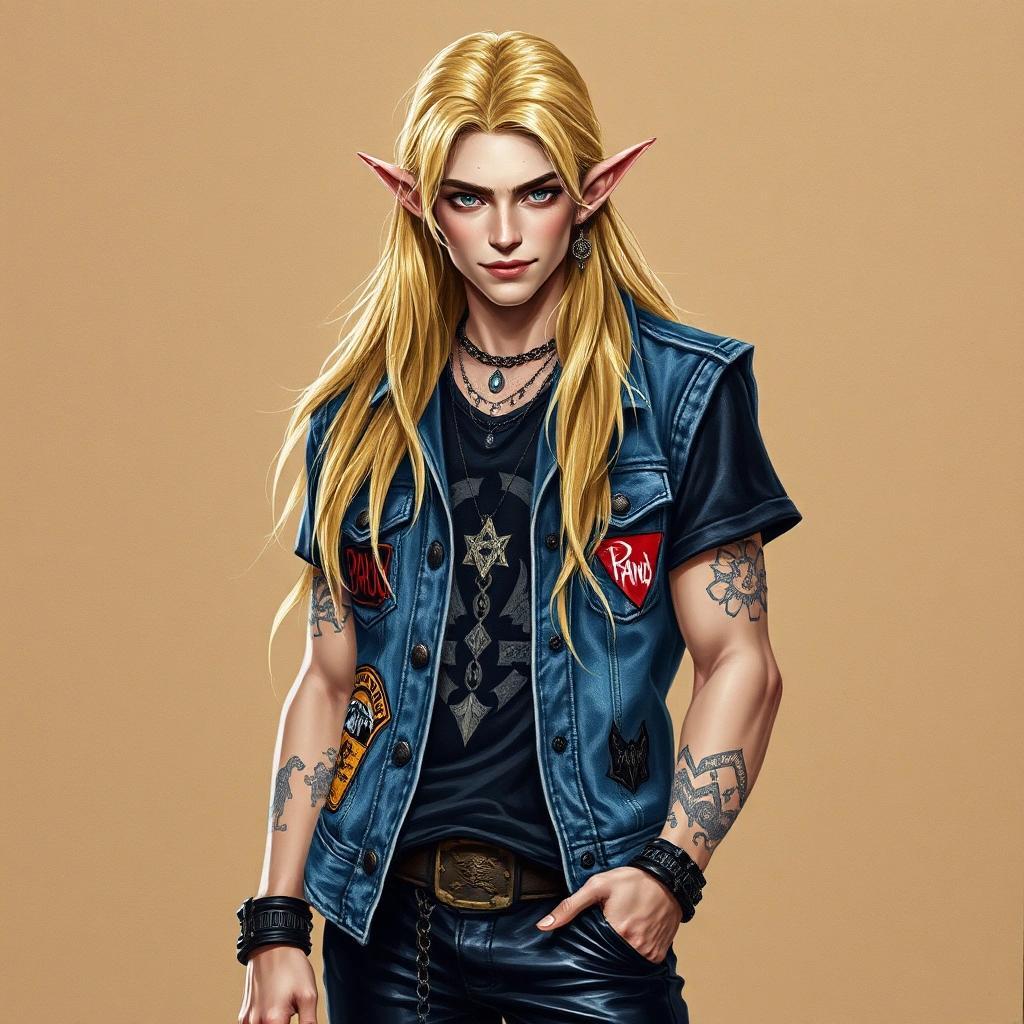 Image with seed 3548334002 generated via Stable Diffusion through @stablehorde@sigmoid.social. Prompt: Full body portrait of a male High Elven metalhead, long blond hair, earring, jean vest with pand patches, heavy metal band t-shirt, black leather pants, handsome face, nice smile, pretty boy, attractive, acrylic painting on cardboard