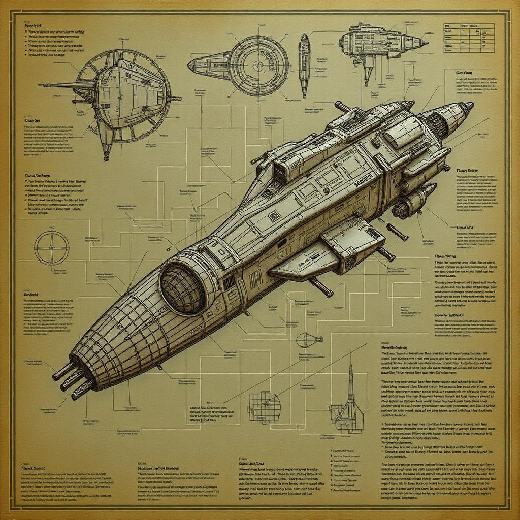 Image with seed 4112782530 generated via Stable Diffusion through @stablehorde@sigmoid.social. Prompt: blueprint of a spaceship of an alien non-humanoid civilization, lots of details and descriptions