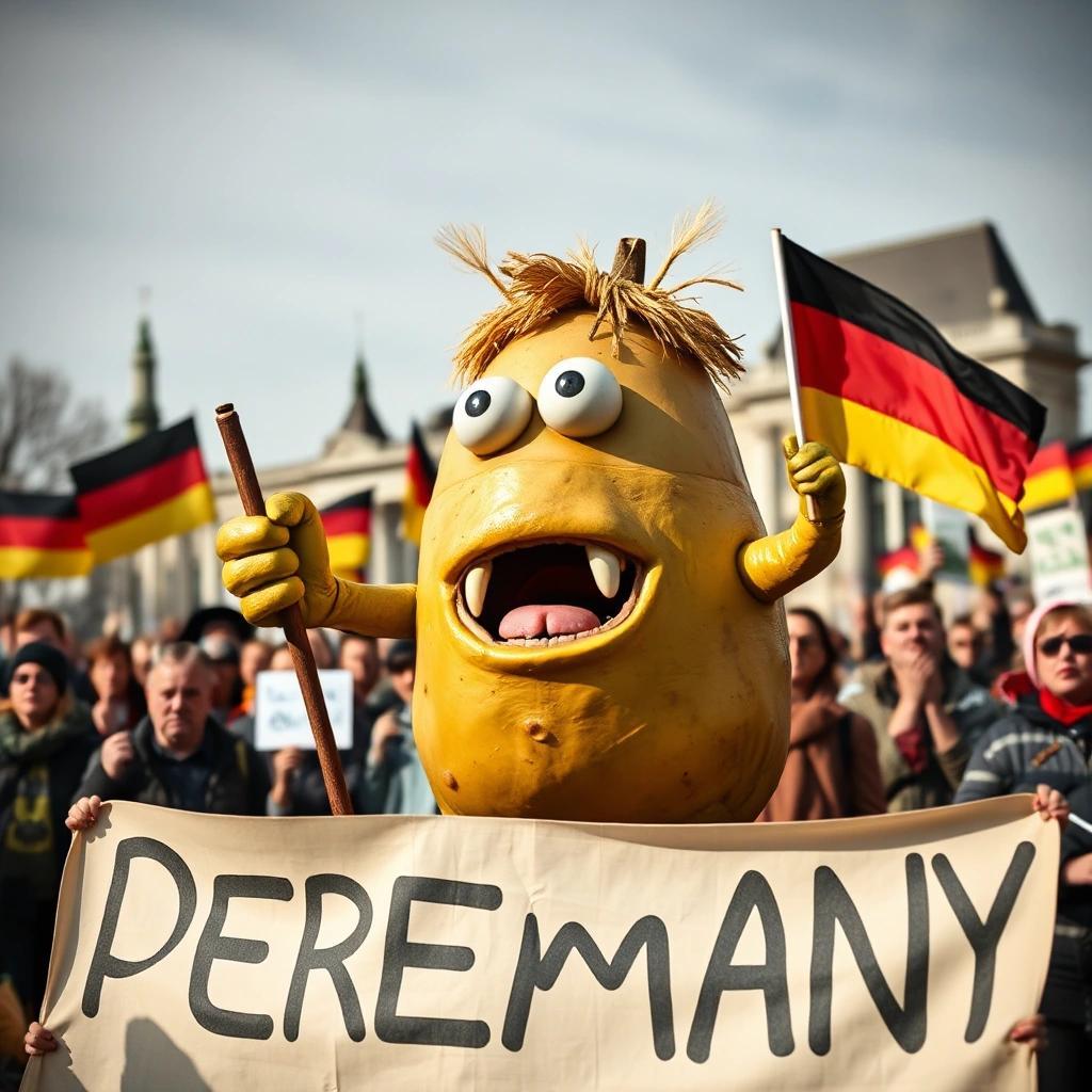 Image with seed 84544958 generated via Stable Diffusion through @stablehorde@sigmoid.social. Prompt: an alternative für Deutschland potato monster right wing rally