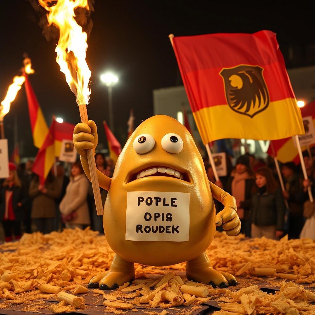 Image with seed 84544958 generated via Stable Diffusion through @stablehorde@sigmoid.social. Prompt: an alternative für Deutschland potato monster right wing rally