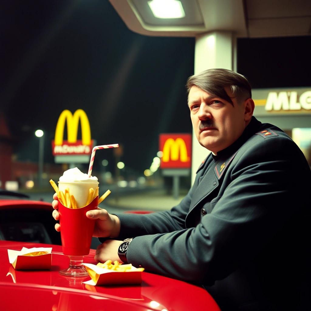 Image with seed 1663461076 generated via Stable Diffusion through @stablehorde@sigmoid.social. Prompt: a picture in Andy Warhol fashion Adolf hitler working at a McDonald’s drive in, leaning out with a milkshake and French fries