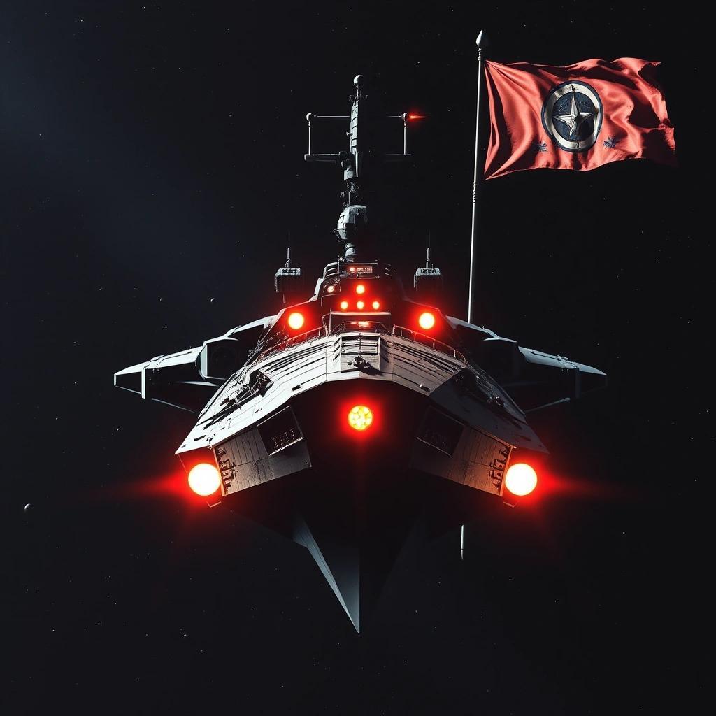 Image with seed 20684201 generated via Stable Diffusion through @stablehorde@sigmoid.social. Prompt: the starship of Captain Harlock, the Arcadia, facing forward, with the Sea Sheperd flag. dark, space opera. 