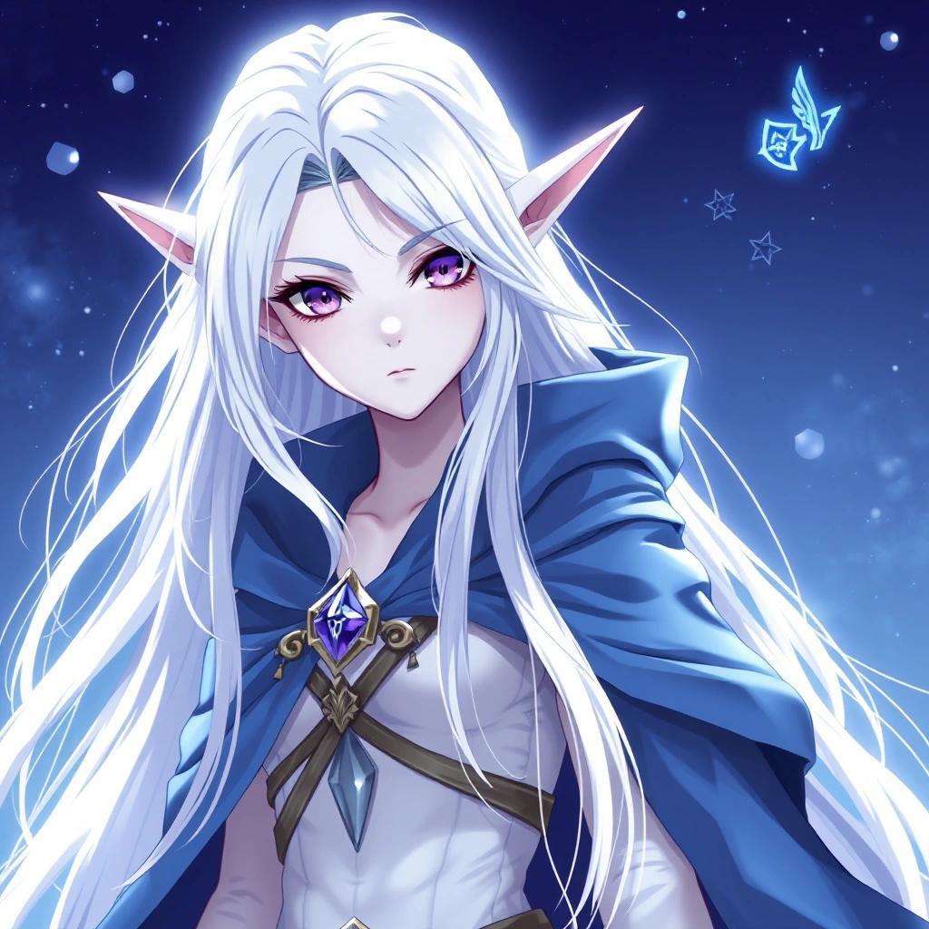 Image with seed 2924839443 generated via Stable Diffusion through @stablehorde@sigmoid.social. Prompt: anime poster art of an albino elf enchantress, white skin, long white hair, purple eyes, blue cape