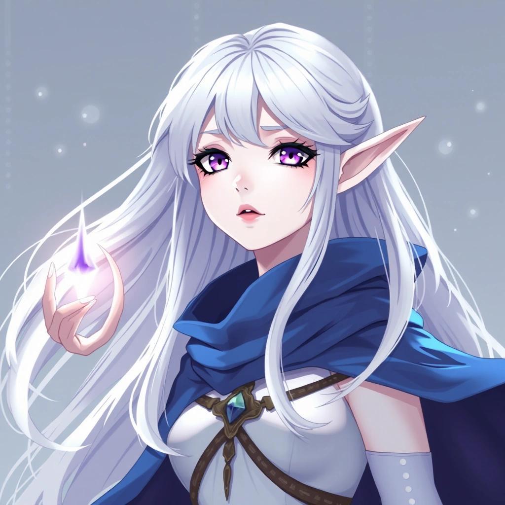 Image with seed 2924839443 generated via Stable Diffusion through @stablehorde@sigmoid.social. Prompt: anime poster art of an albino elf enchantress, white skin, long white hair, purple eyes, blue cape