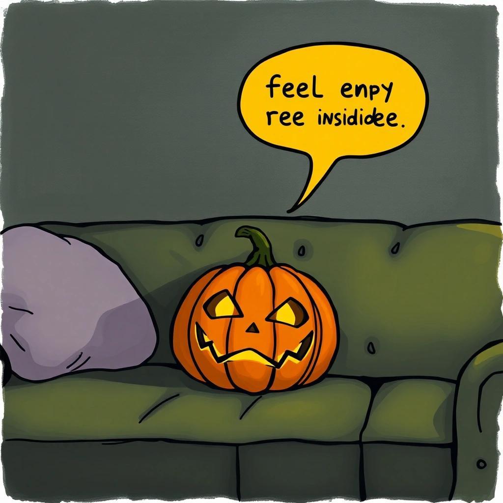 Image with seed 1774117662 generated via Stable Diffusion through @stablehorde@sigmoid.social. Prompt: a jack-o-lantern laying on a therapist's couch, a sad pumpkin saying that it feels empty inside