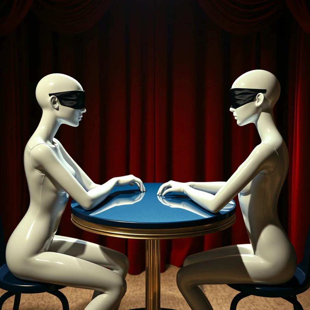 Image with seed 3483348522 generated via Stable Diffusion through @stablehorde@sigmoid.social. Prompt: hyperrealistic photograph: Two white female mannequins with glossy, smooth skin sit face-to-face at a pristine dark-blue table on an ornate theater stage. Each mannequin is partially turned, showing a striking side profile, with black satin blindfolds over their featureless eyes. The spotlight from above casts a stark, dramatic contrast, illuminating the mannequins while deepening the shadowed folds of rich, red velvet curtains behind them. Their rigid postures, frozen mid-gesture as if in silent conversation, create an air of enigma. The entire scene radiates an unsettling mystery, suggesting a hidden, inscrutable narrative between these lifeless figures.