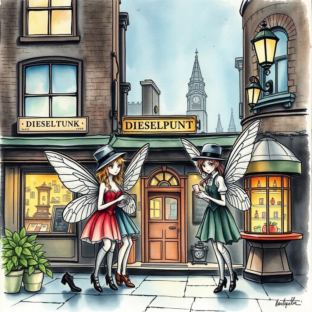 Image with seed 4108773979 generated via Stable Diffusion through @stablehorde@sigmoid.social. Prompt: 1912 Dieselpunk Fairies in front of a pub in fantasy London wearing bowler hats, comic book drawing, watercolour on black ink drawing