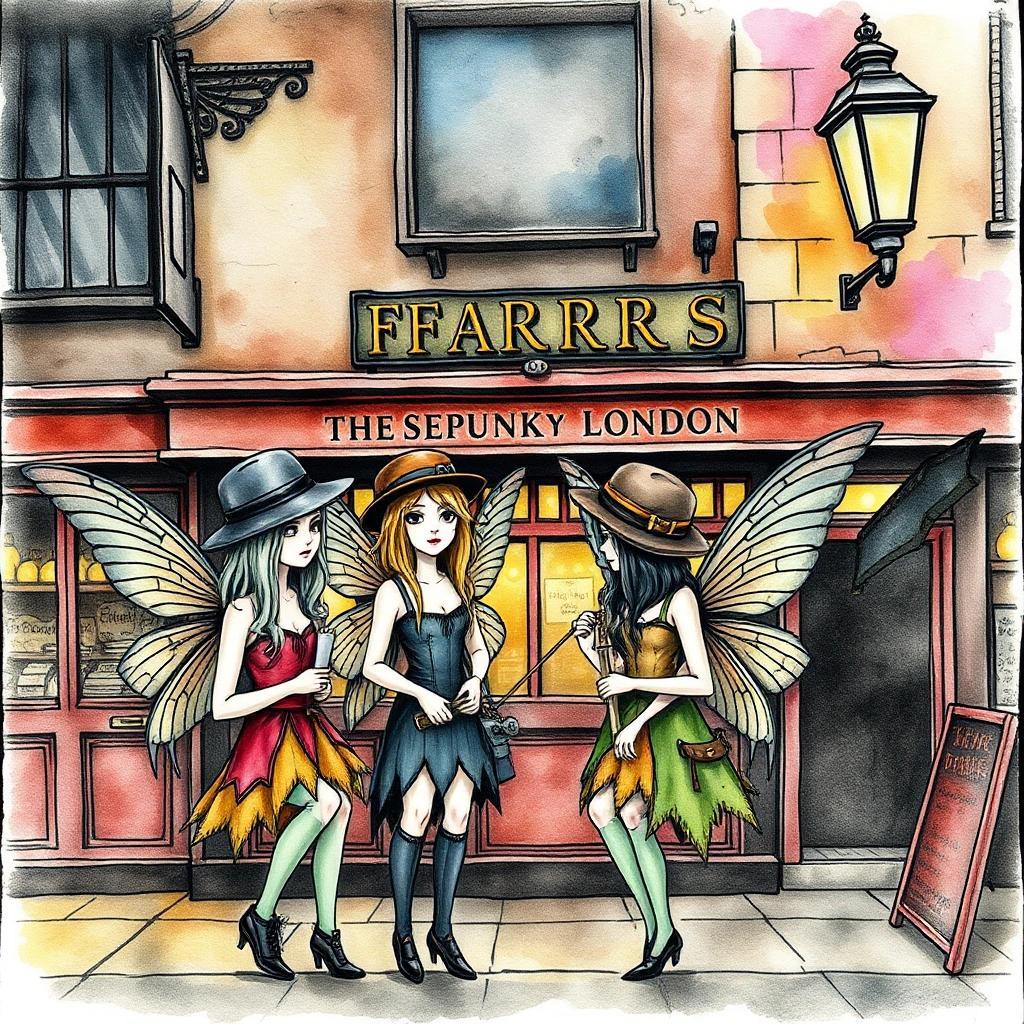 Image with seed 4108773979 generated via Stable Diffusion through @stablehorde@sigmoid.social. Prompt: 1912 Dieselpunk Fairies in front of a pub in fantasy London wearing bowler hats, comic book drawing, watercolour on black ink drawing