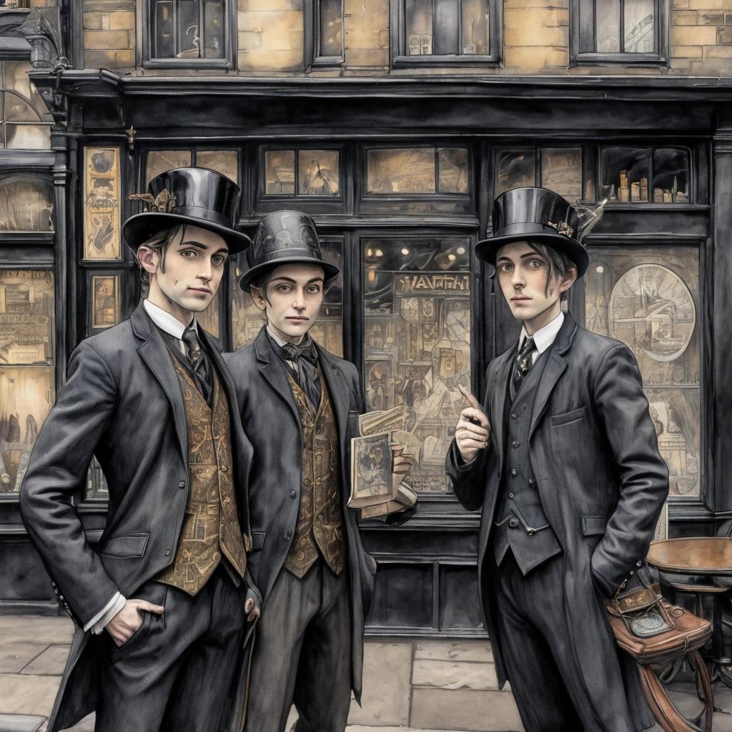 Image with seed 1005997803 generated via Stable Diffusion through @stablehorde@sigmoid.social. Prompt: 1912 Dieselpunk Fairies in front of a pub in fantasy London wearing bowler hats, comic book drawing, watercolour on black ink drawing 