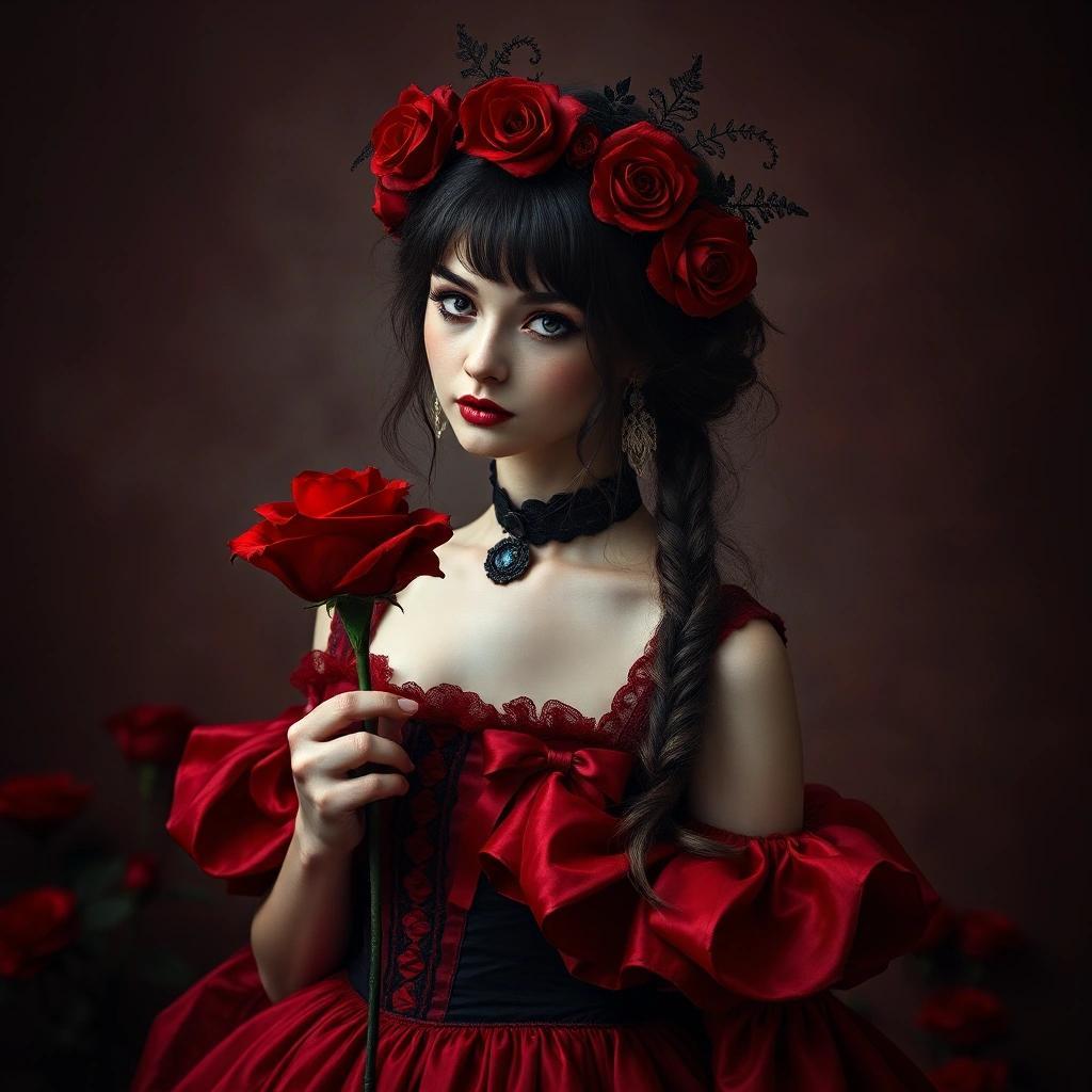 Image with seed 4189157938 generated via Stable Diffusion through @stablehorde@sigmoid.social. Prompt: Young Lady Rose Red, fairytale, dark fantasy, gothic, roccocopunk, romantigoth, new romantic